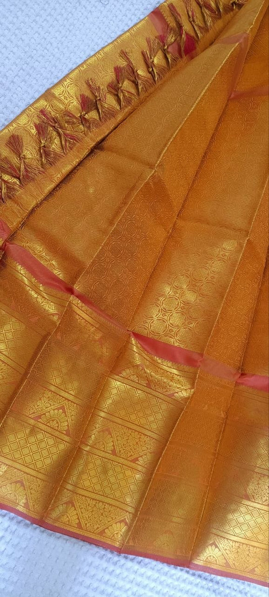 Golden Orange Paithani Shela with dense gold zari lattice weave