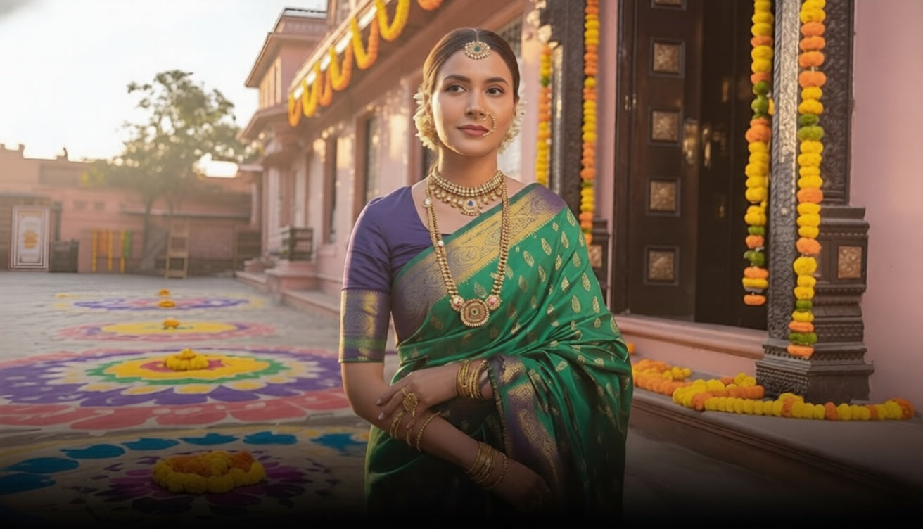Woman wearing authentic green Yeola Paithani saree with traditional jewellery, perfect for Gudi Padwa and festivals.