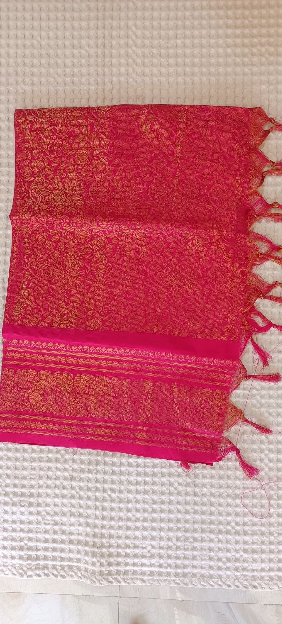 Hot Pink Paithani Shela with dense gold floral vine weave