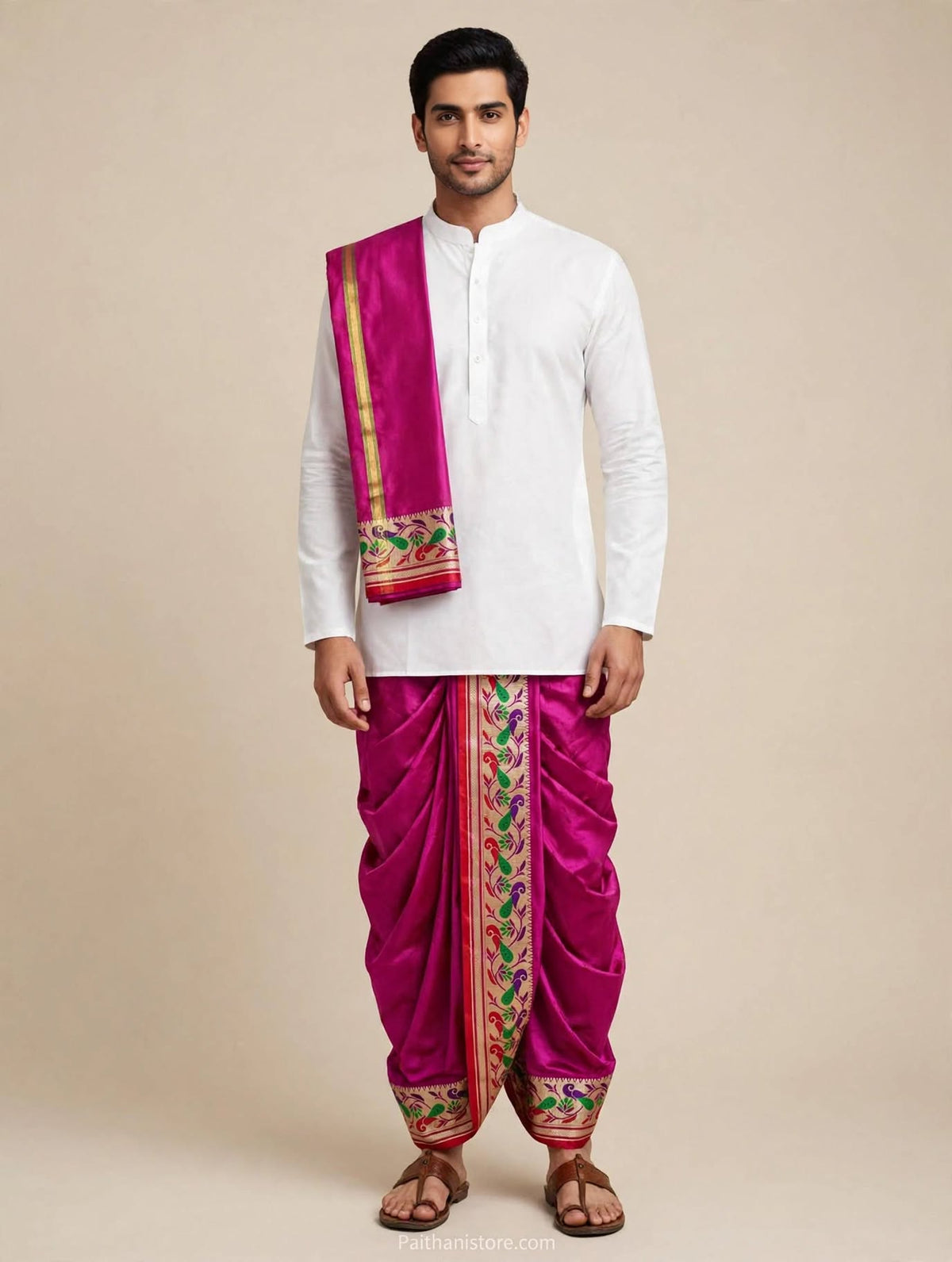 Magenta Pink ready to wear dhoti for men with colourful Paithani border and matching shela, worn with a white kurta