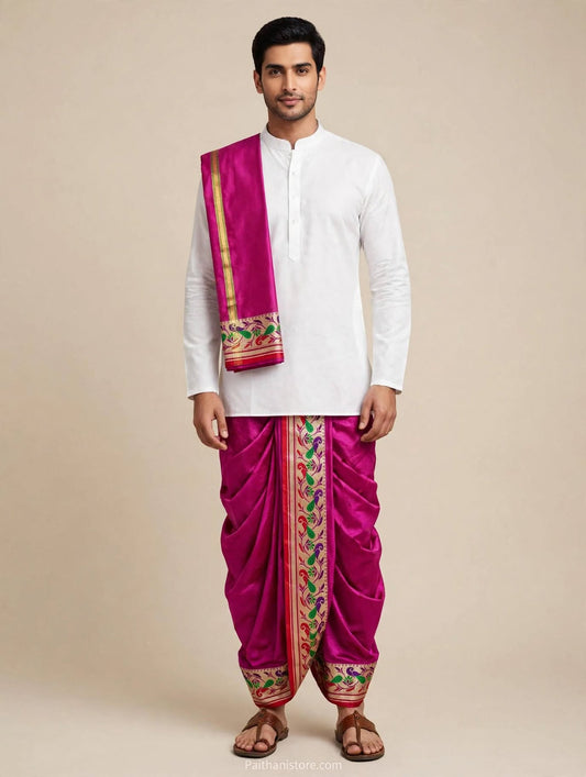Magenta Pink ready to wear dhoti for men with colourful Paithani border and matching shela, worn with a white kurta