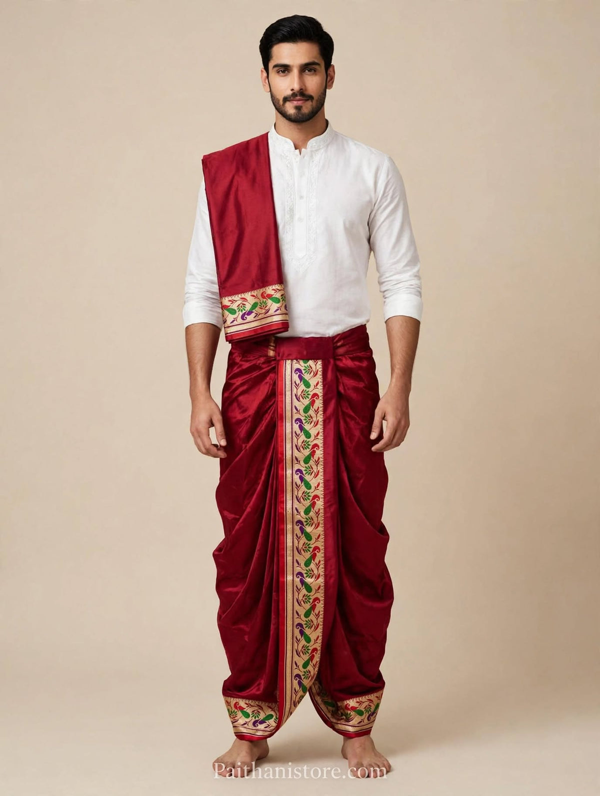 Maroon ready to wear dhoti for men with colourful Paithani border and matching shela, worn with a white kurta