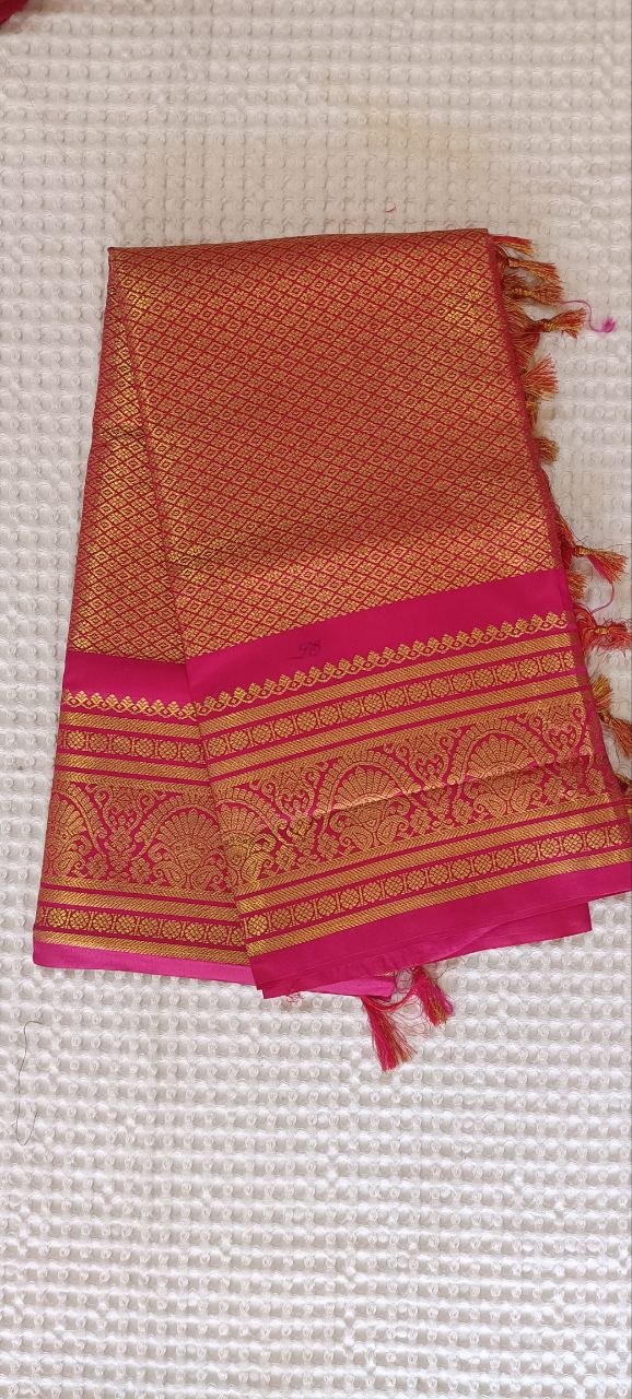 Orange Paithani Shela with elaborate multi-row floral-paisley pallu