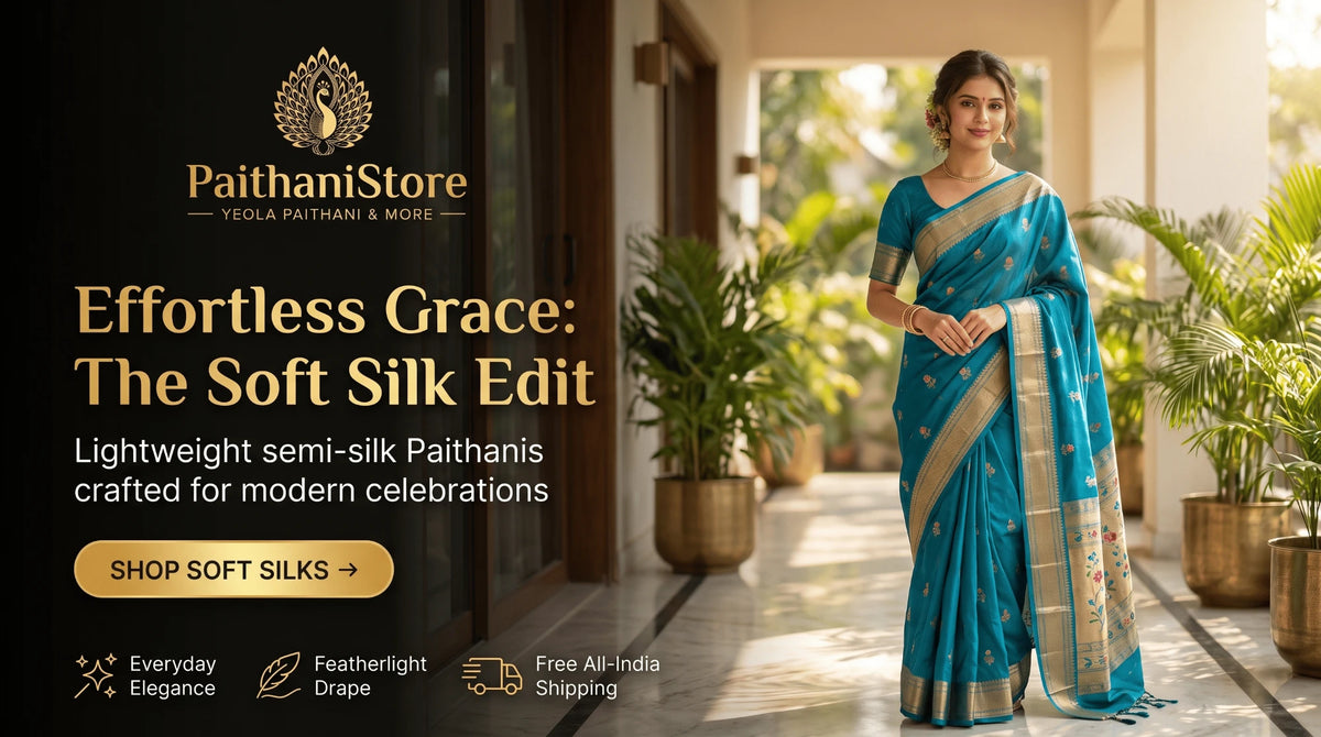 Effortless Grace, the Soft Silk Edit: lightweight semi-silk Paithani sarees at Paithanistore