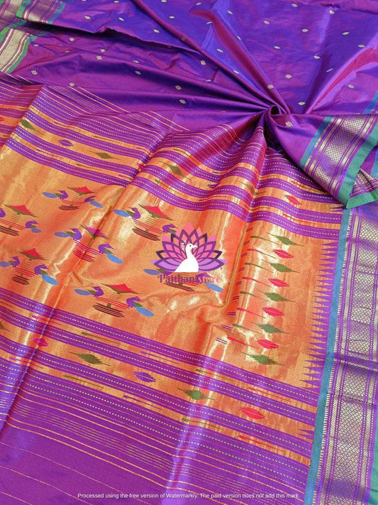 Purple Pure Silk Handloom Double Pallu Paithani Saree