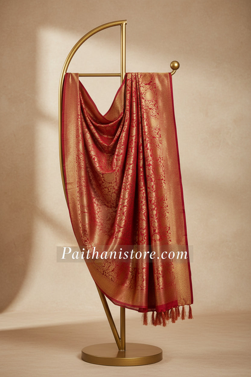 Red-Maroon Paithani Shela with gold paisley medallion pallu