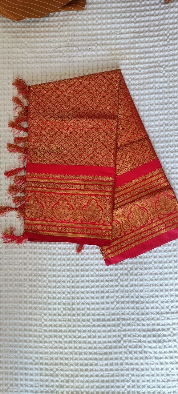 Red-Orange Paithani Shela with gold lotus-band pallu