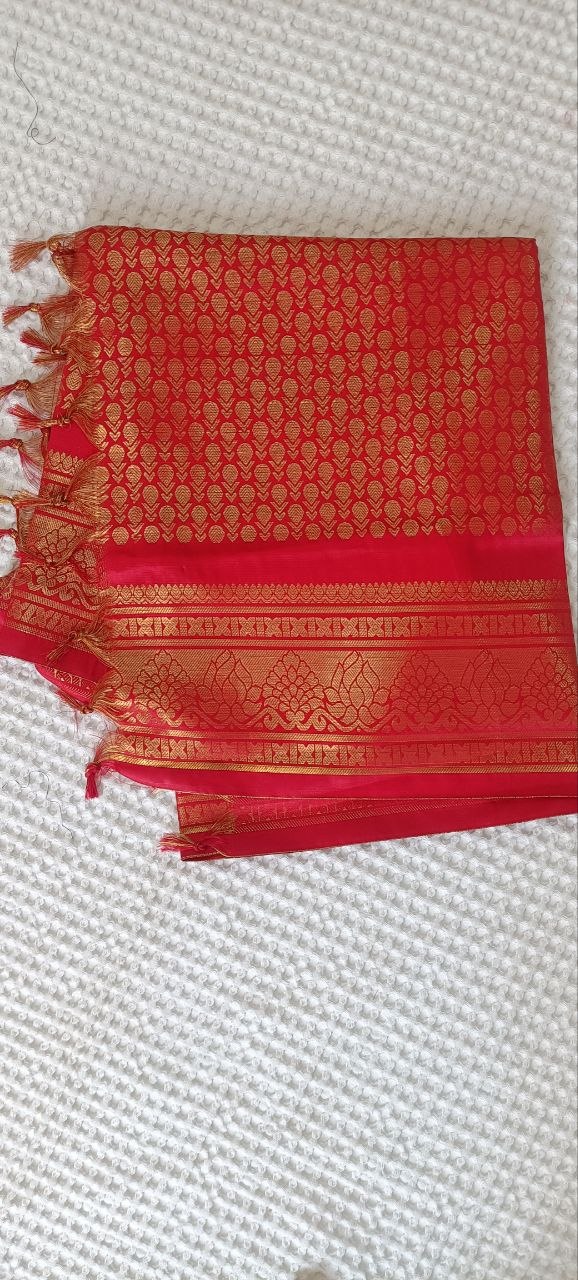 Red Paithani Shela with paisley weave and gold lotus-motif pallu
