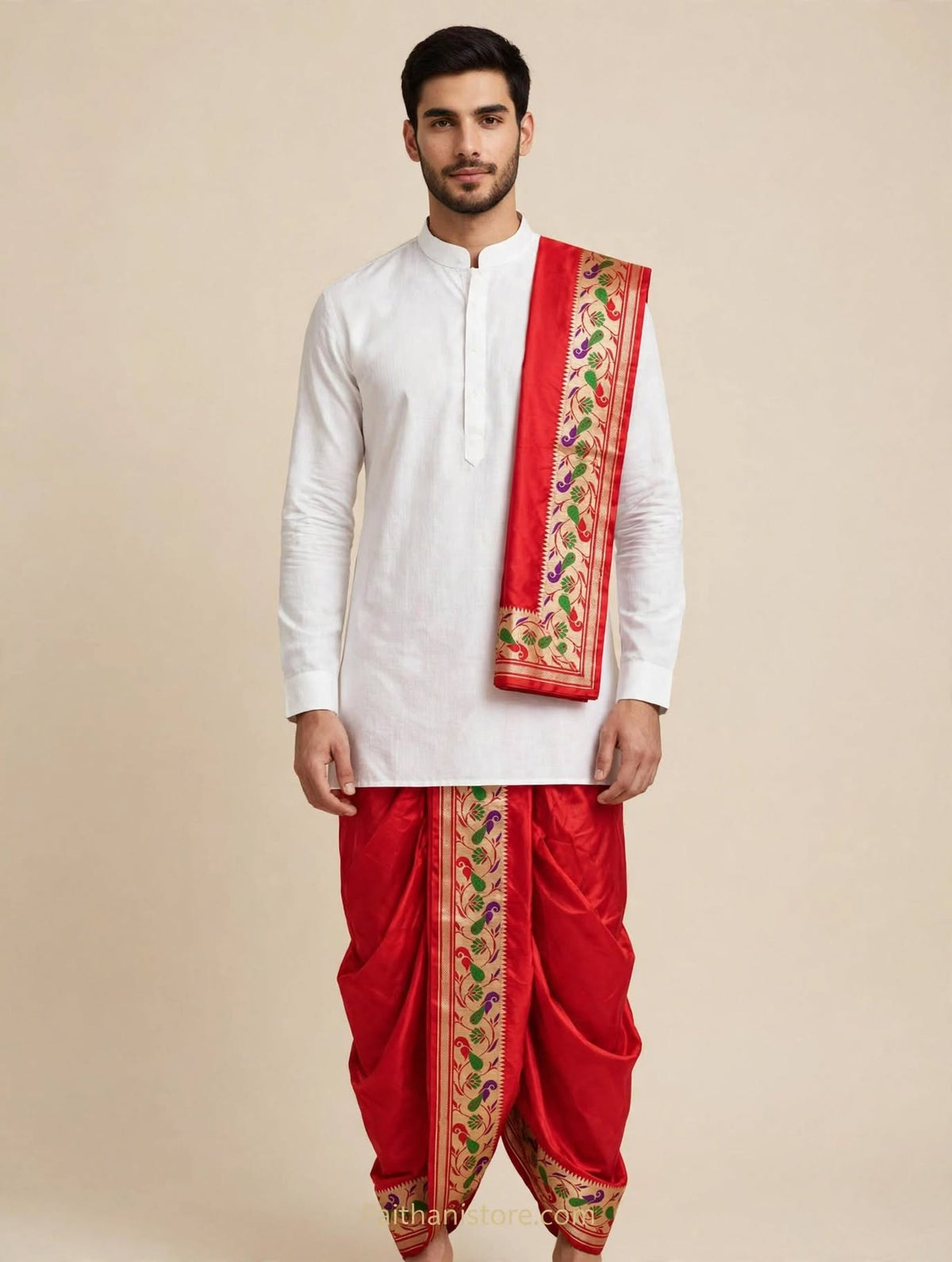 Red ready to wear dhoti for men with colourful Paithani border and matching shela, worn with a white kurta