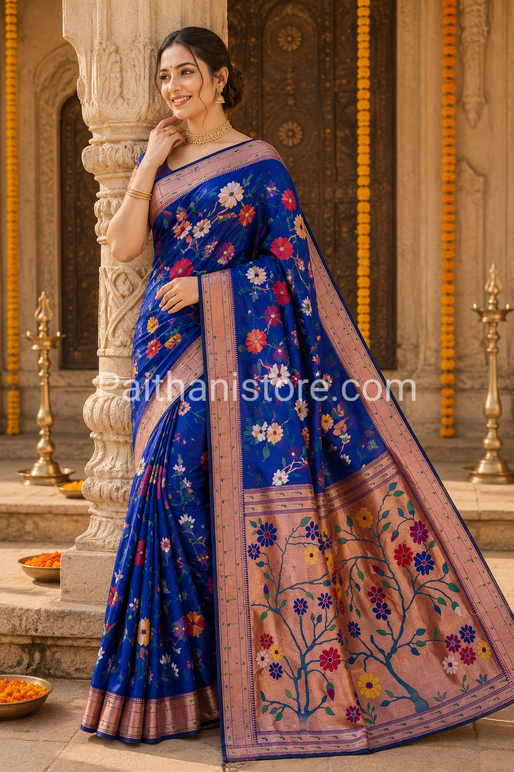 Elegant All-Over Brocade Paithani Saree with Triple Muniya Border - semi-silk Paithani with triple Muniya border - view 