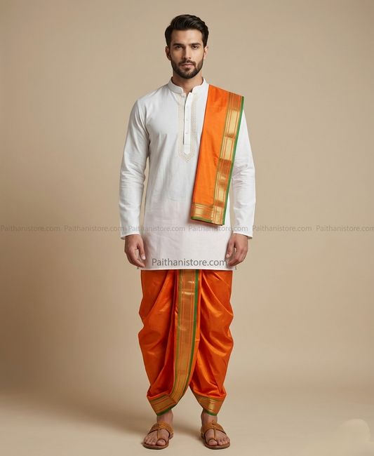 Dhotis - Buy Traditional Orange Yellow Men's Dhoti — Front View