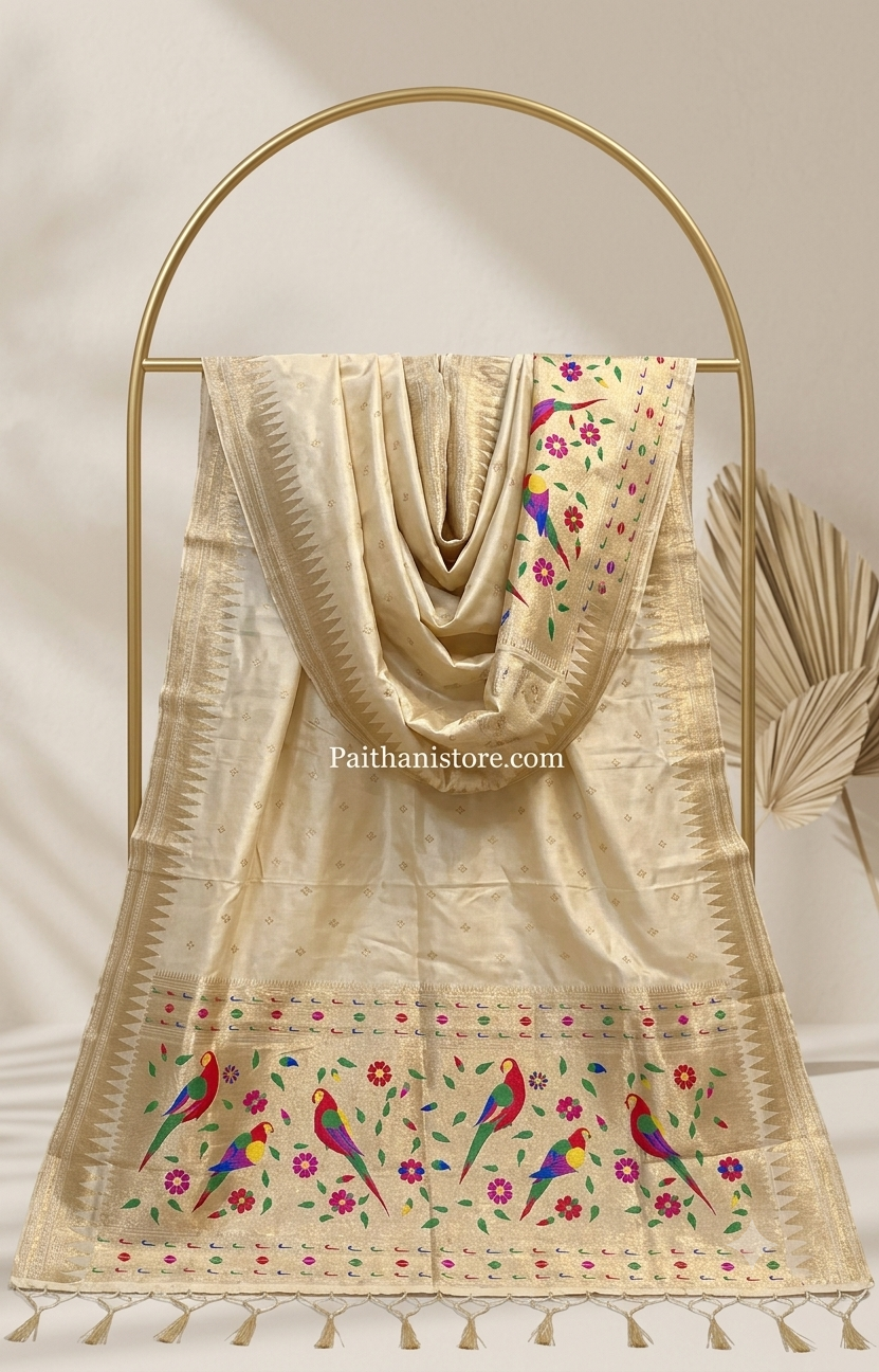 Off-White Designer Paithani Silk Dupatta Muniya Border