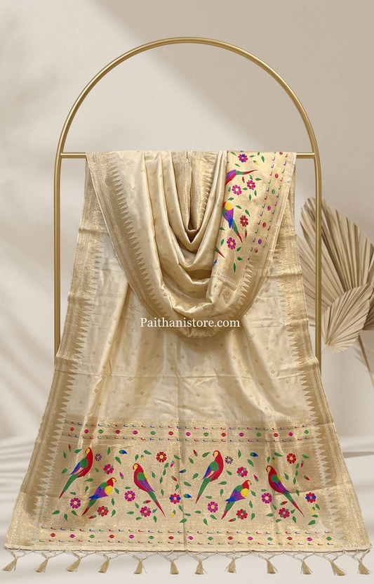 Off-White Designer Paithani Silk Dupatta Muniya Border