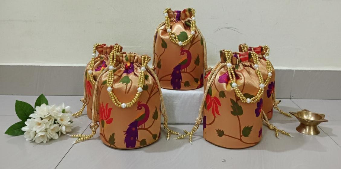 Paithani Potli Bag - Elegant Traditional Handcrafted Design — Front View