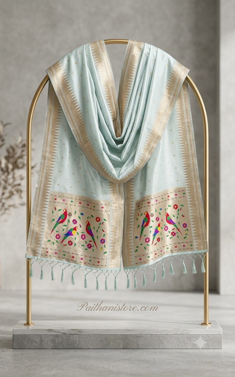 Sky Blue Designer Paithani Silk Dupatta - Muniya Border