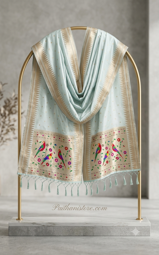 Sky Blue Designer Paithani Silk Dupatta - Muniya Border
