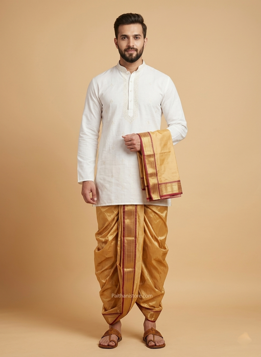 Royal Golden Men's Dhoti - Traditional Men's Dhoti for Wedding & Pooja | Paithanistore