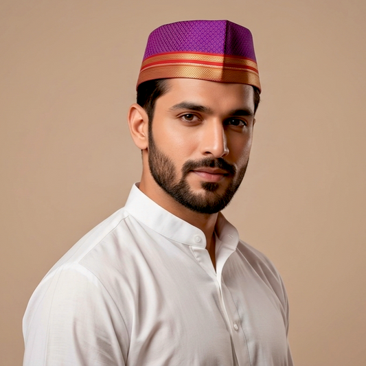 Turmeric Gold Yeola Paithani Topi — Front View