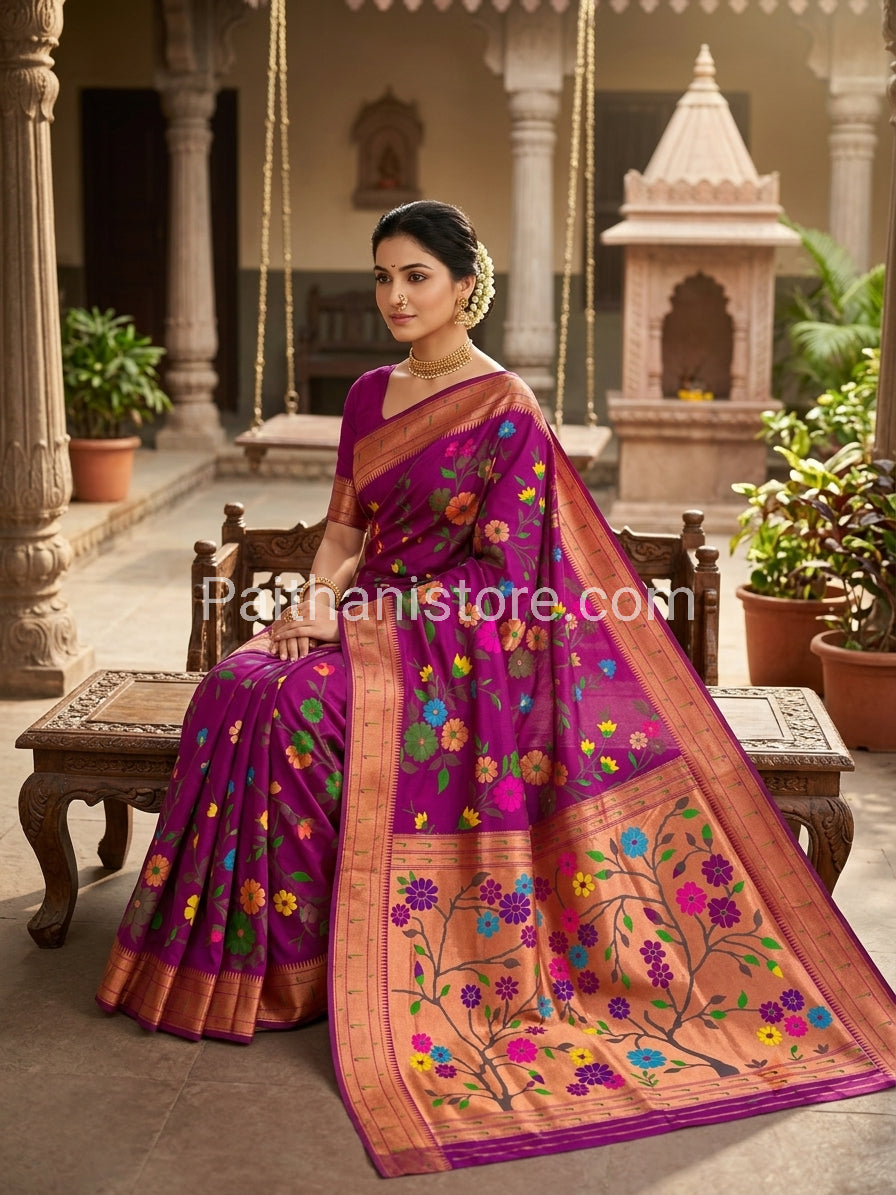 Elegant All-Over Brocade Paithani Saree with Triple Muniya Border - semi-silk Paithani with triple Muniya border - view 
