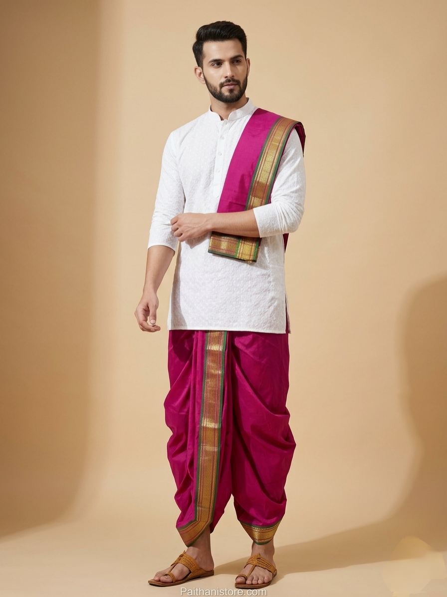 Dhotis - Buy Traditional Pink Men's Dhoti — Front View