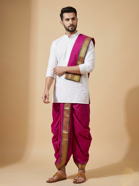 Dhotis - Buy Traditional Pink Men's Dhoti — Front View