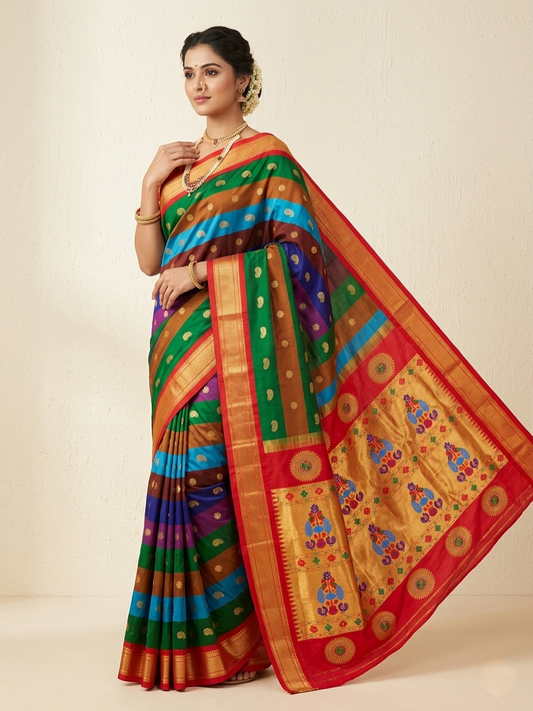 Designer Multi Color Kadiyal Paithani Silk Saree - Authentic Pure Silk Paithani Saree from Yeola