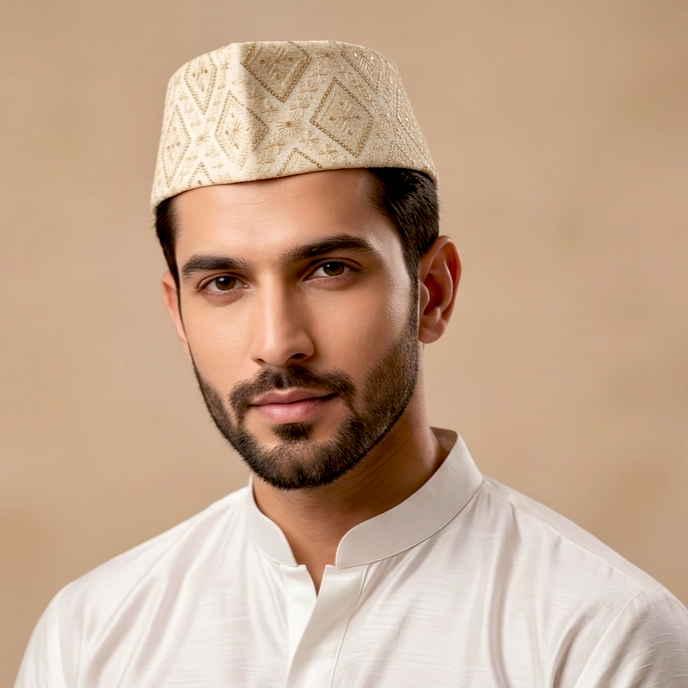 Royal Maroon Paithani Topi for Groom — Front View