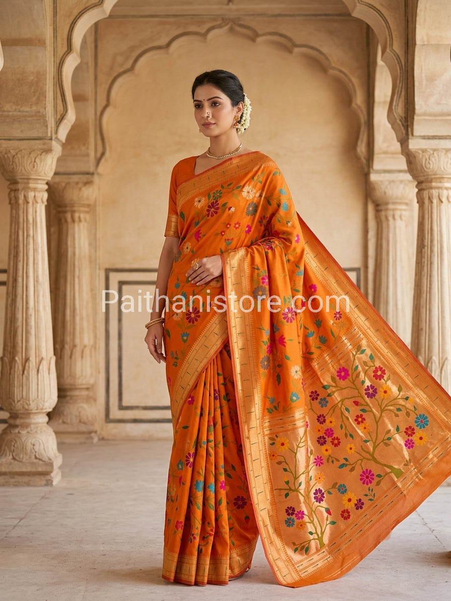 Elegant All-Over Brocade Paithani Saree with Triple Muniya Border - semi-silk Paithani with triple Muniya border - view 