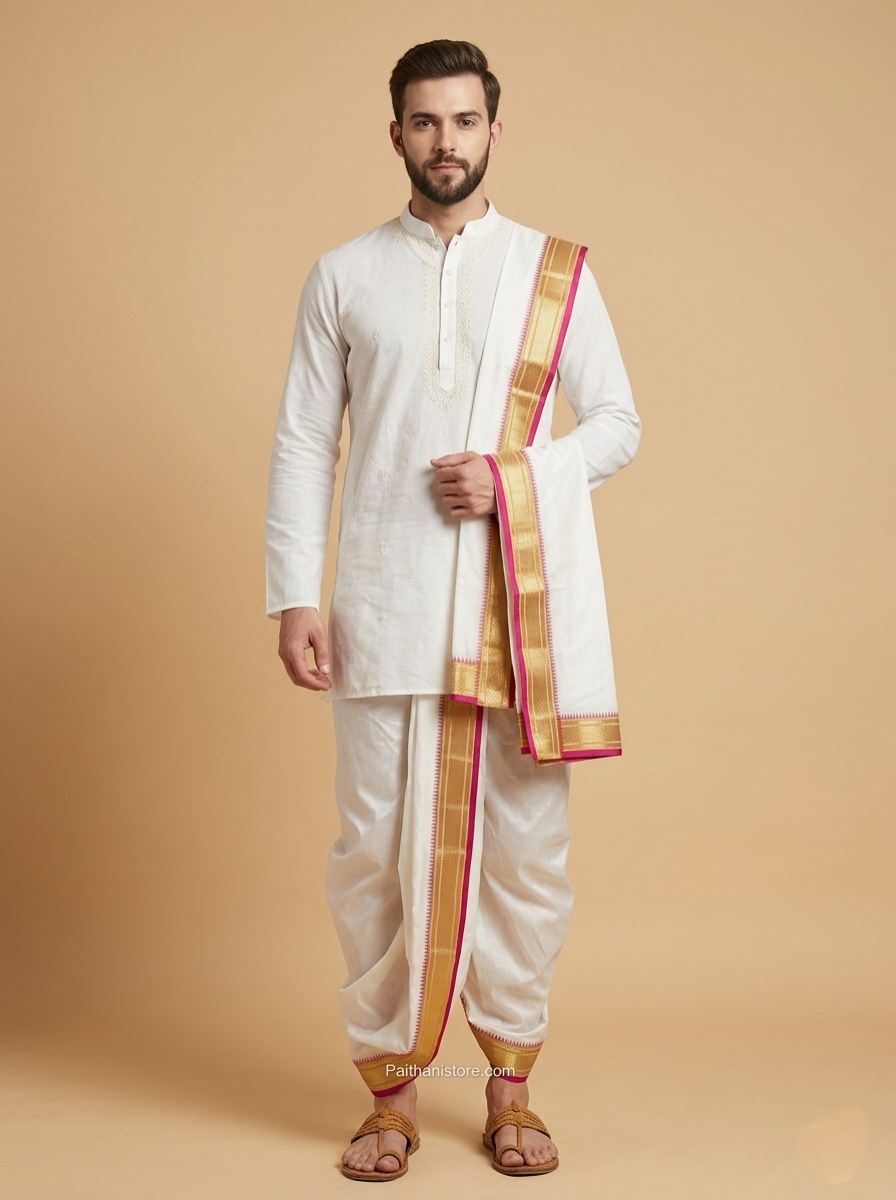 Pooja Men's White With Pink Dhoti - Traditional Men's Dhoti for Wedding & Pooja | Paithanistore