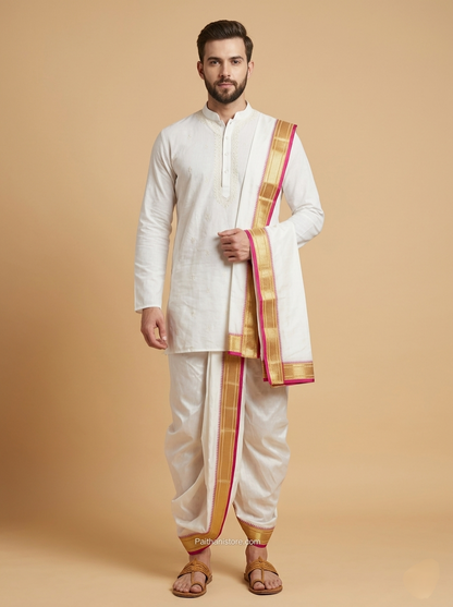 Pooja Men's White With Pink Dhoti - Traditional Men's Dhoti for Wedding & Pooja | Paithanistore