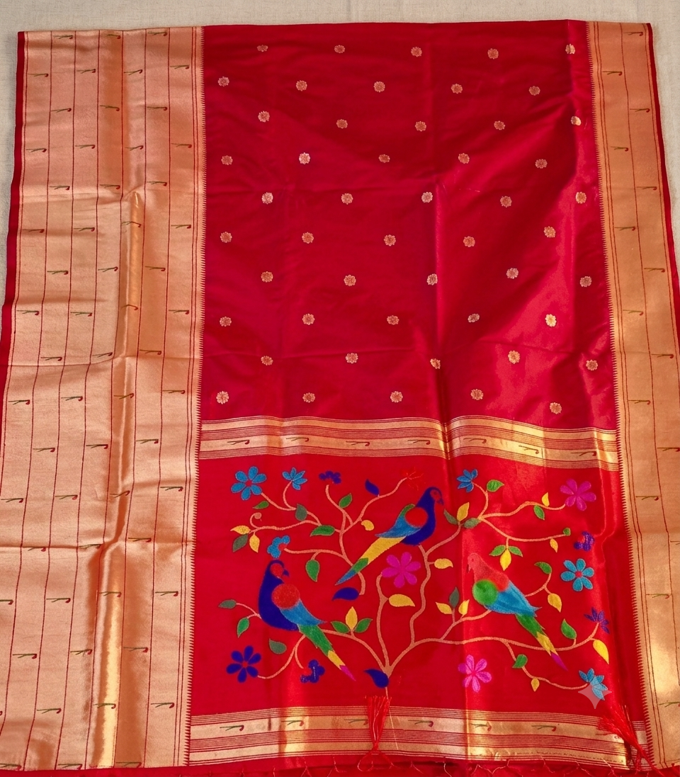 Red Peacock Motif Semi Silk Paithani Saree with Zari Border