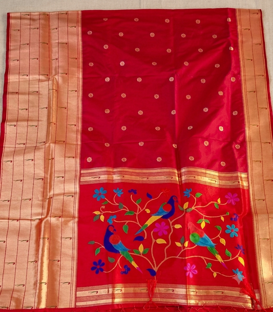 Red Peacock Motif Semi Silk Paithani Saree with Zari Border