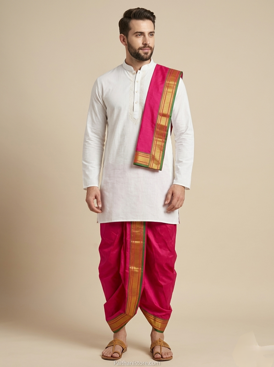 Rani colour Dhoti Set For Men — Front View