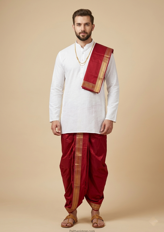 Ready to Wear Plain Silk Red Dhoti For Men - Traditional Men's Dhoti for Wedding & Pooja | Paithanistore