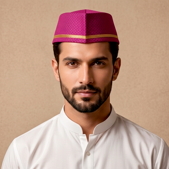 Magenta Brocade Paithani Topi — Front View