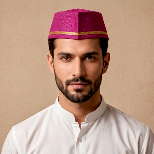 Magenta Brocade Paithani Topi — Front View