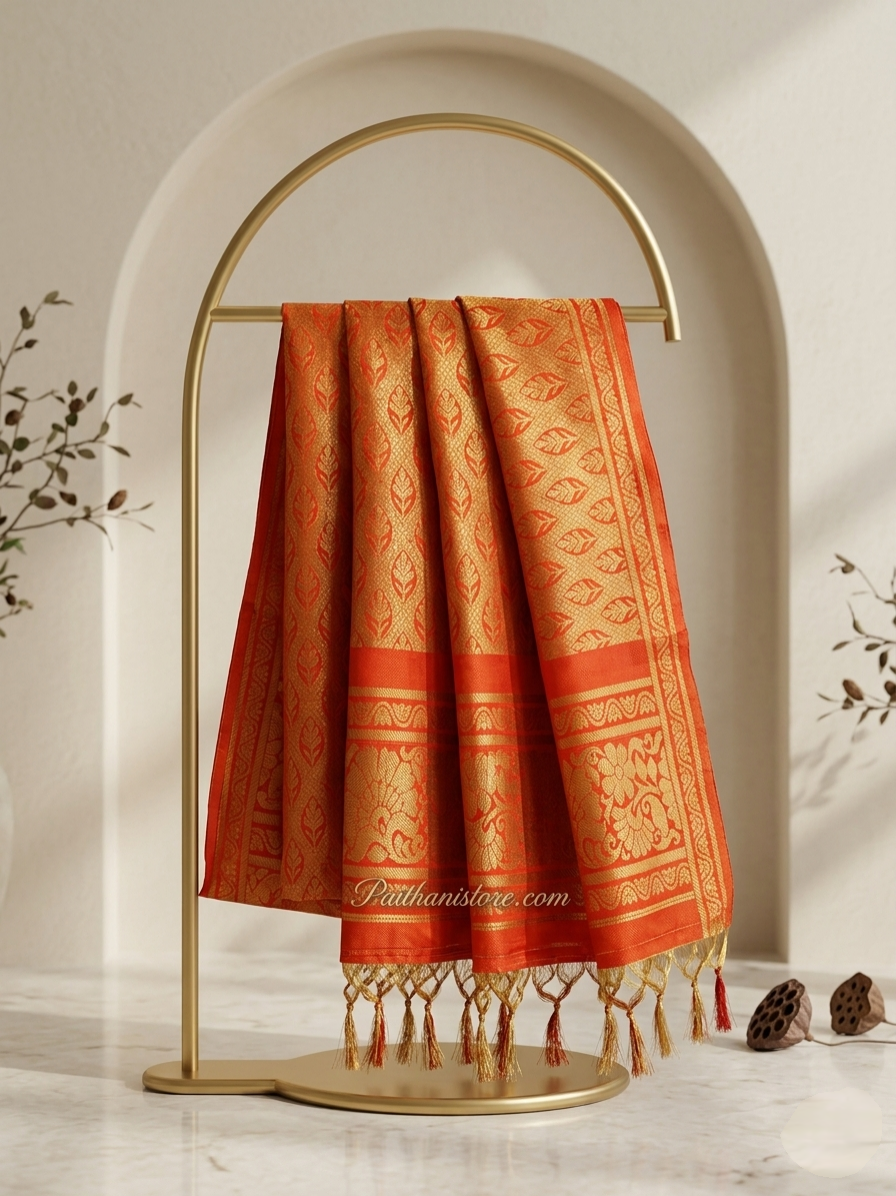 Royal Orange Shela For Dulhan (Style 1) - Handwoven Paithani Shela Dupatta for Bride | Paithanistore