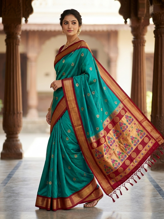 Morpankhi Color Kadiyal Designer Paithani Saree - Authentic Pure Silk Paithani Saree from Yeola