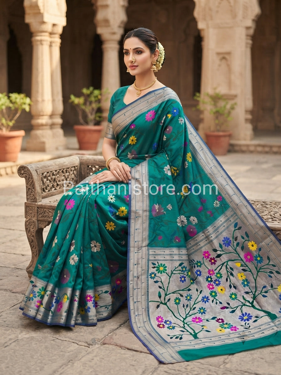 Elegant All-Over Brocade Paithani Saree with Triple Muniya Border - semi-silk Paithani with triple Muniya border - view 
