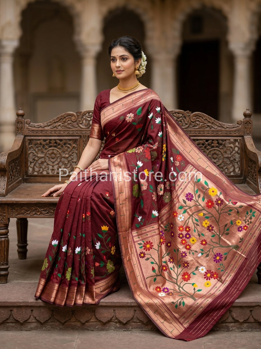 Elegant All-Over Brocade Paithani Saree with Triple Muniya Border - semi-silk Paithani with triple Muniya border - view 