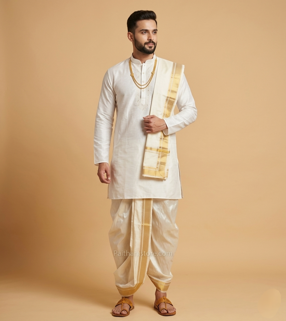 Ready to Wear White Wedding Dhoti For Men — Front View