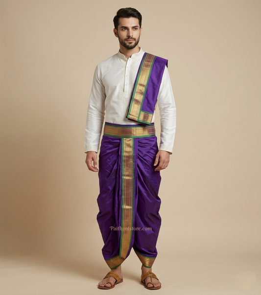 Classic Ready to Wear Plain Silk Purple Dhoti For Men - Traditional Men's Dhoti for Wedding & Pooja | Paithanistore