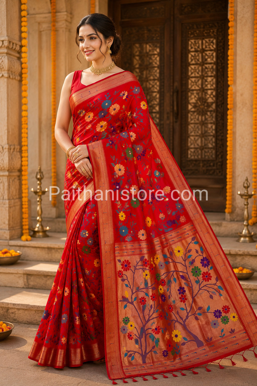 Elegant All-Over Brocade Paithani Saree with Triple Muniya Border - semi-silk Paithani with triple Muniya border - view 