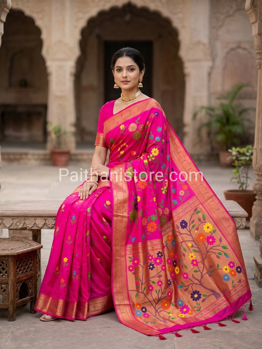 Elegant All-Over Brocade Paithani Saree with Triple Muniya Border - semi-silk Paithani with triple Muniya border, front 