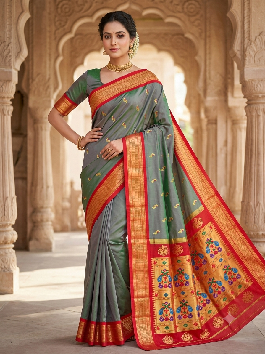 Silk Kadiyal Paithani Saree with Golden Border