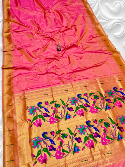 Beautiful gauri Peacock Pallu semi Silk Paithani Saree - Yeola