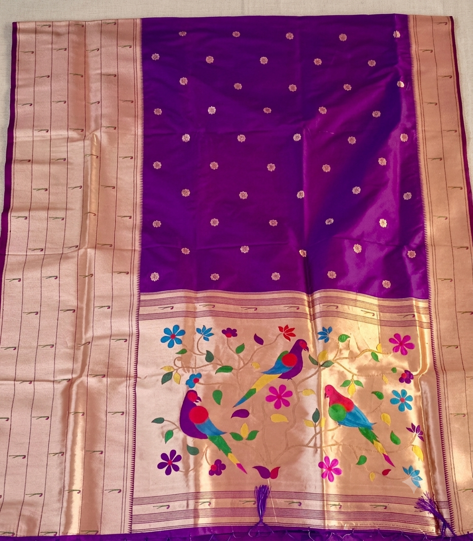 Purple Peacock Motif Semi Silk Paithani Saree with Zari Border