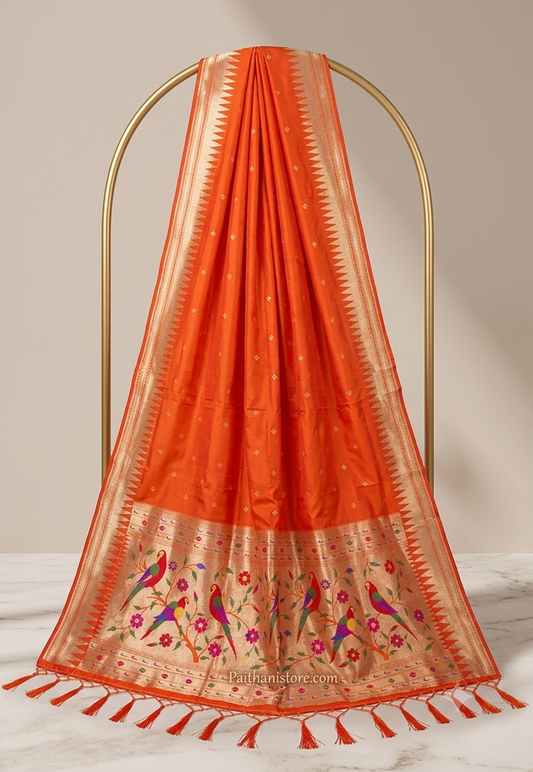 Orange Designer Paithani Silk Dupatta - Muniya Border