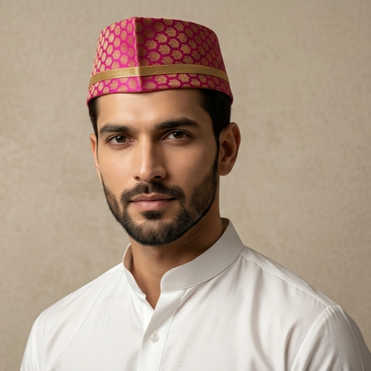 Crimson Red Bridegroom Paithani Topi — Front View