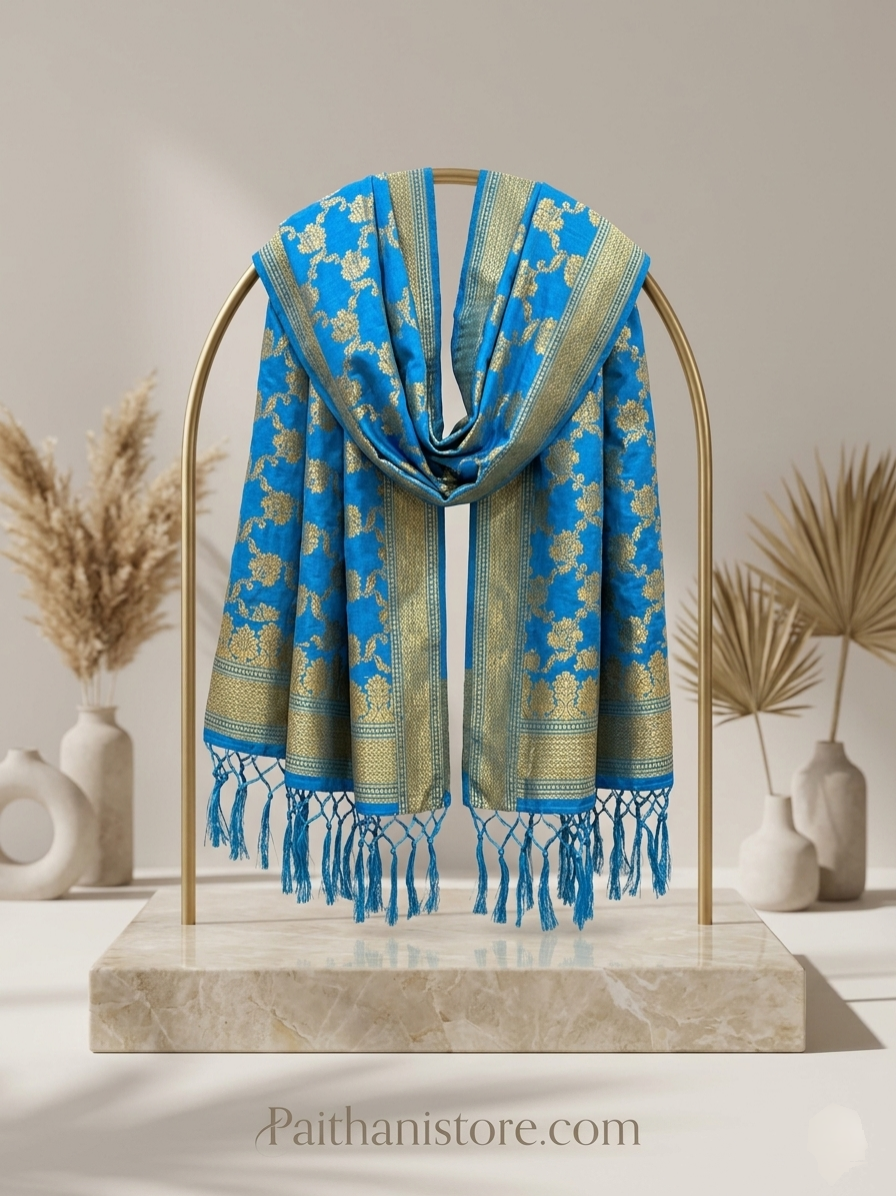 Designer Nauvari Blue Shela - Handwoven Paithani Shela Dupatta for Bride | Paithanistore